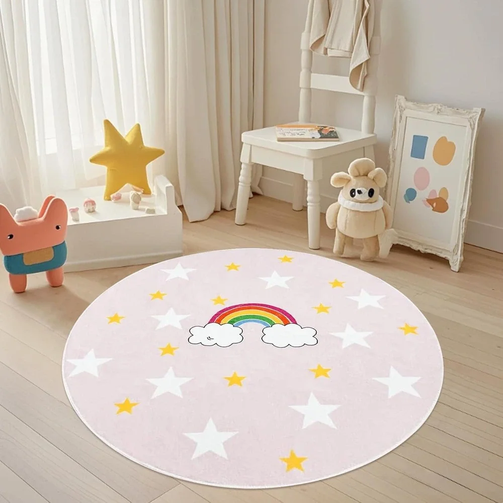 Round Beige Rainbow Star Kids Room Decor Rug 47‎ Inch